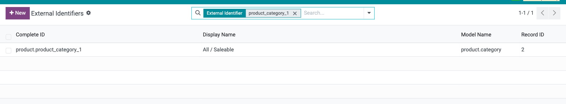 External Identifiers list with the External ID of the Saleable product category