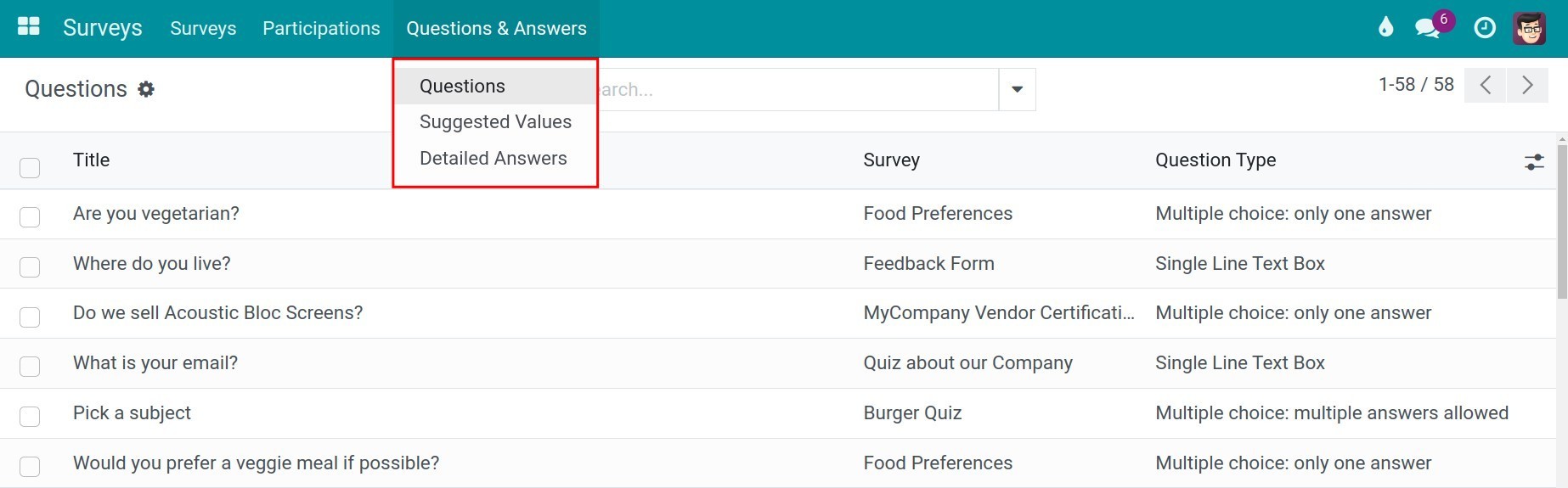 The view of Question & Answers in Surveys module
