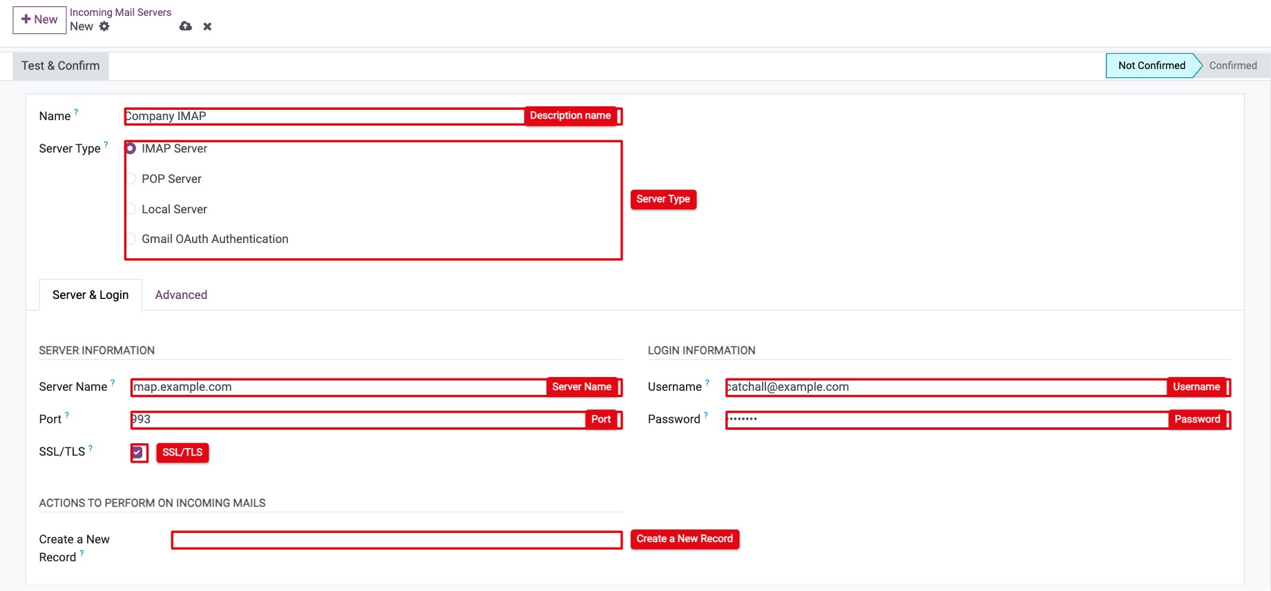 Incoming mail server form with server type, server name, port, SSL/TLS and login
