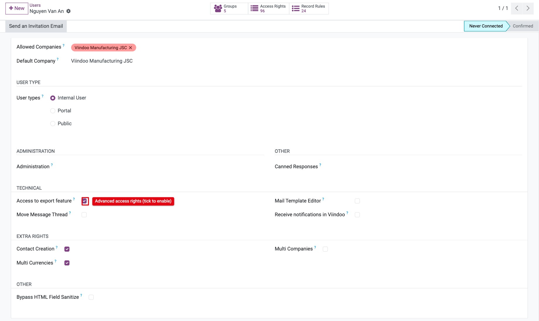 Technical check boxes on the Access Rights tab in developer mode
