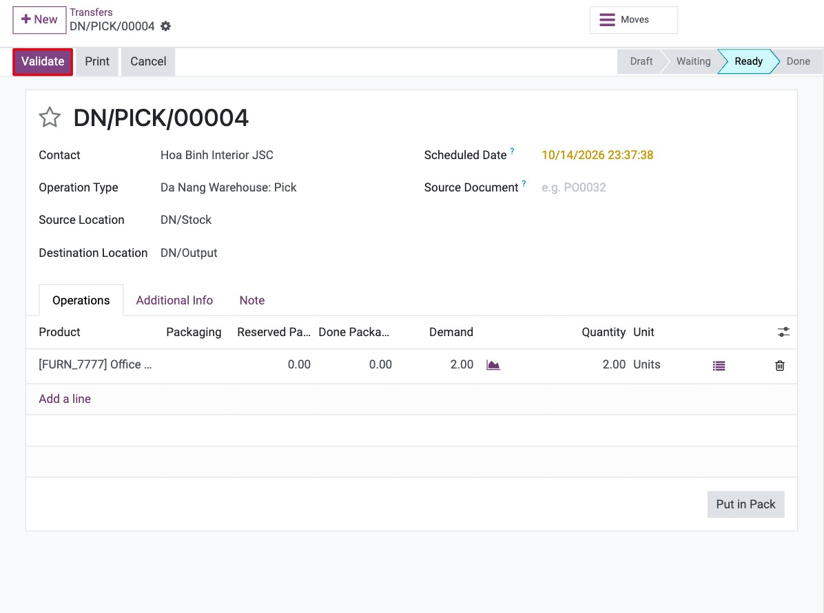 Validate button on a Pick transfer in the Ready state