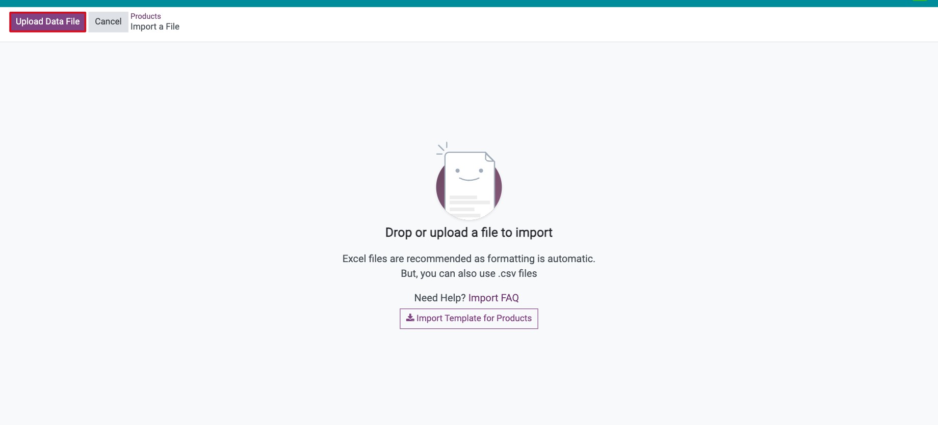 Upload Data File button on the import screen