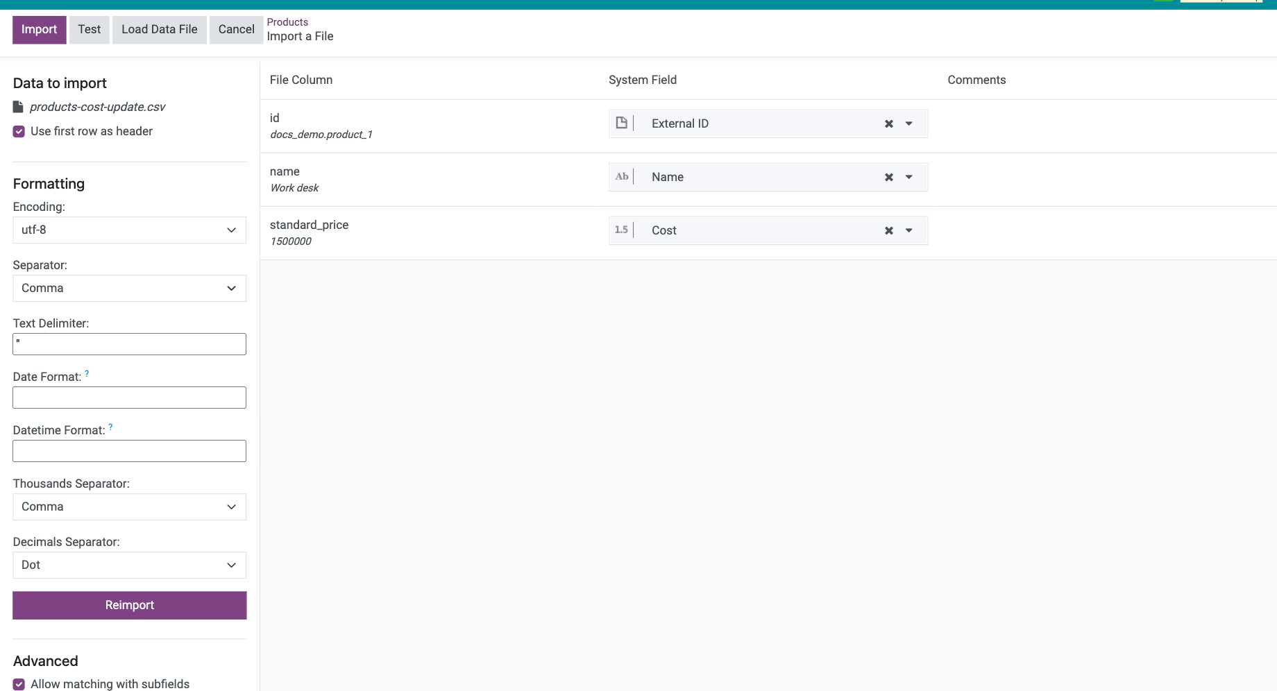 Import screen with the file columns matched to fields and the import options