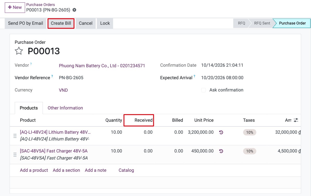 Purchase order billed on received quantities with the Received column at 0