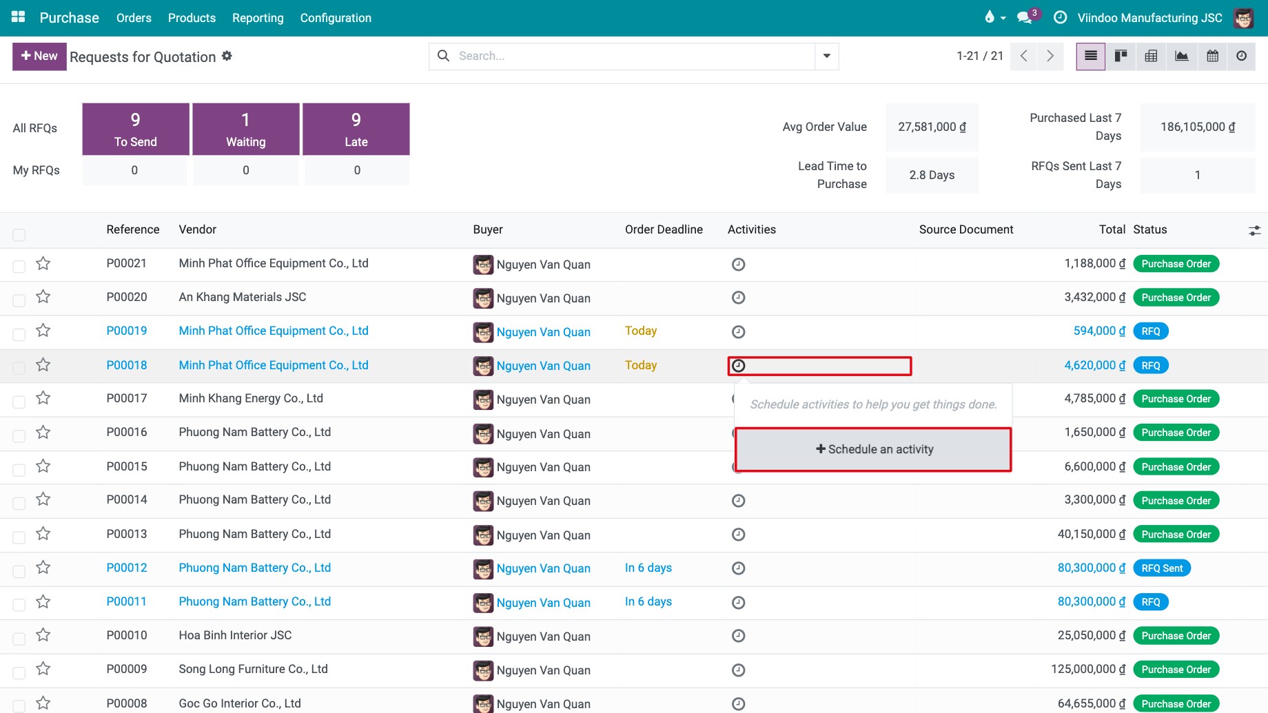 Schedule an activity button opened from the Activities column of the RFQ list