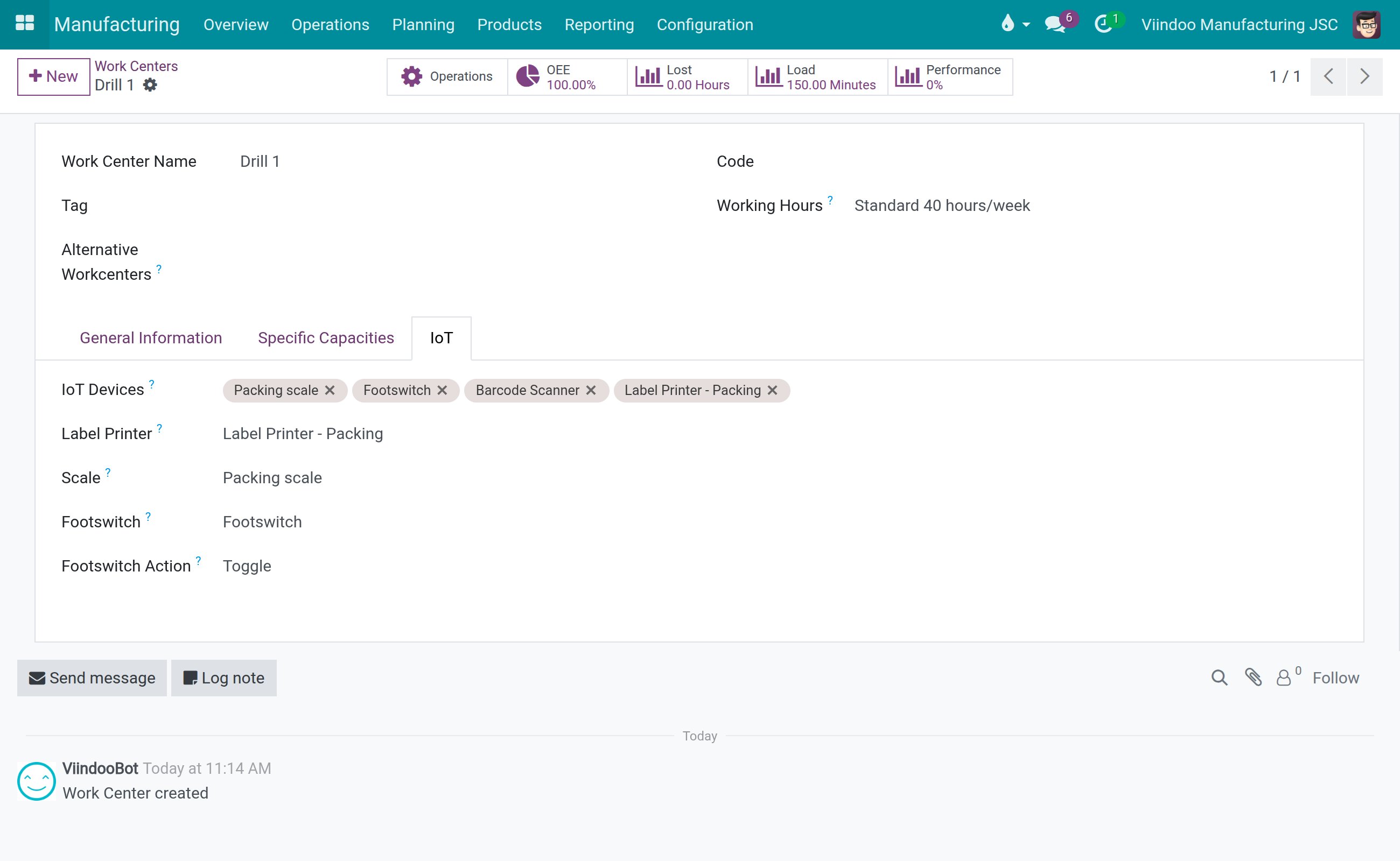 The IoT page of a work center with a scale attached and chosen in the Scale field