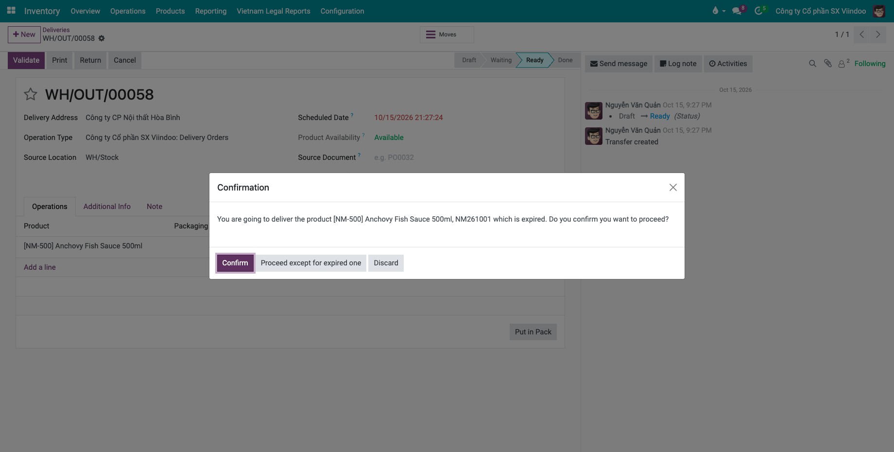 Confirmation window warning that an expired lot is about to be delivered
