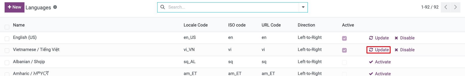 Update button on an active language in the Languages list