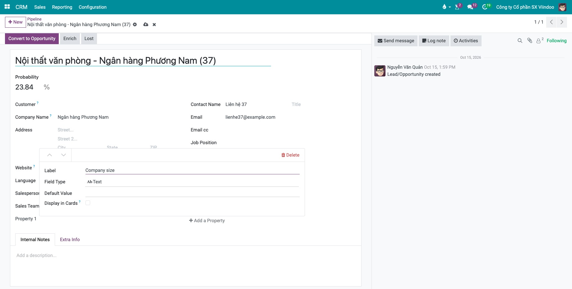 New property being added to a lead in Viindoo CRM