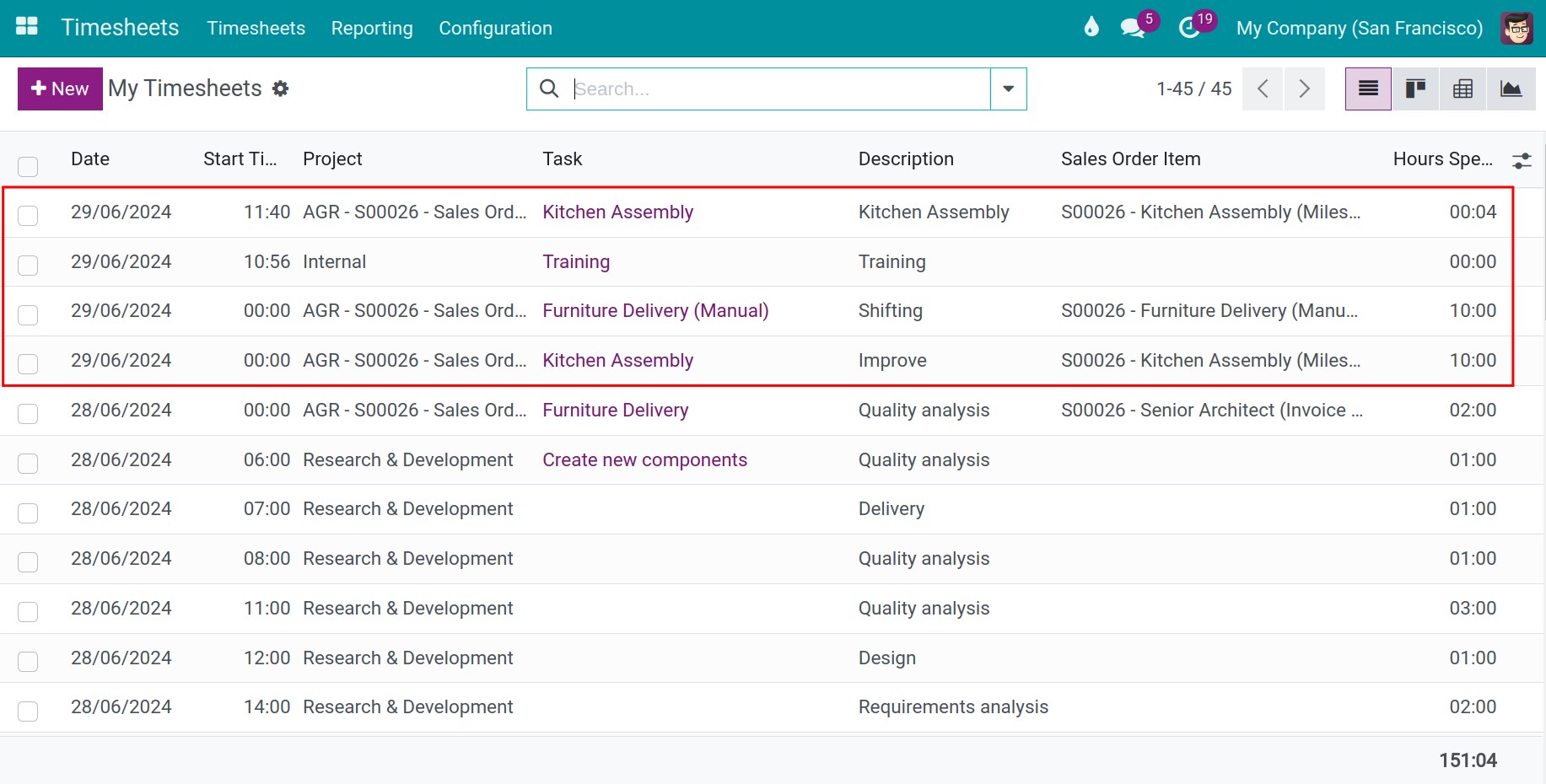 select a timesheet line