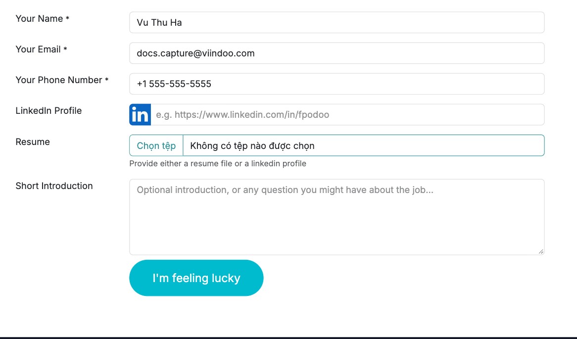 The online application form of a job position