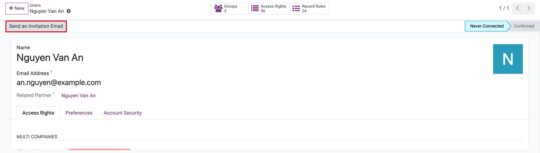Send an Invitation Email button at the top of the user form