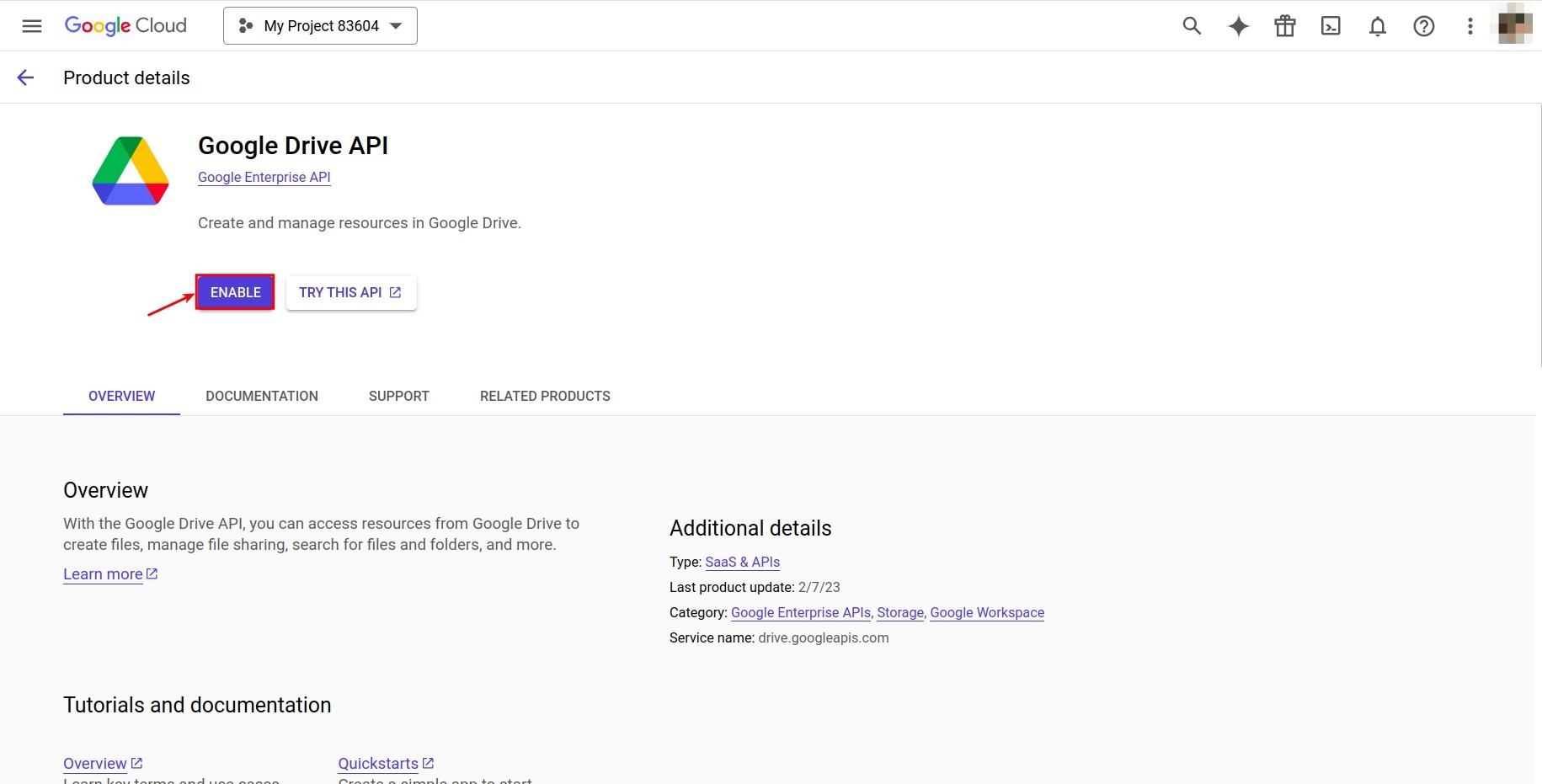 Enable button of the Google Drive API in Google Cloud Console