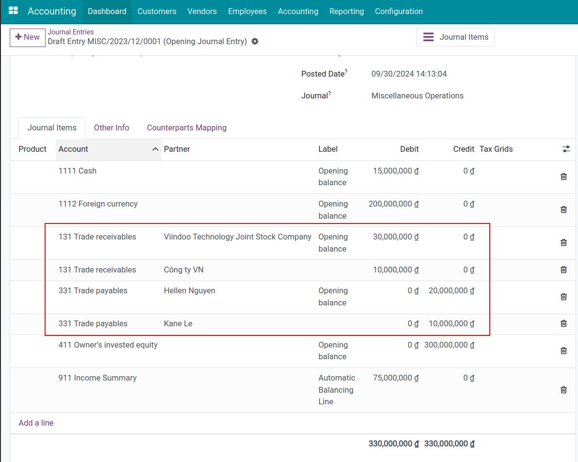 Create journal item for each partner in Viindoo