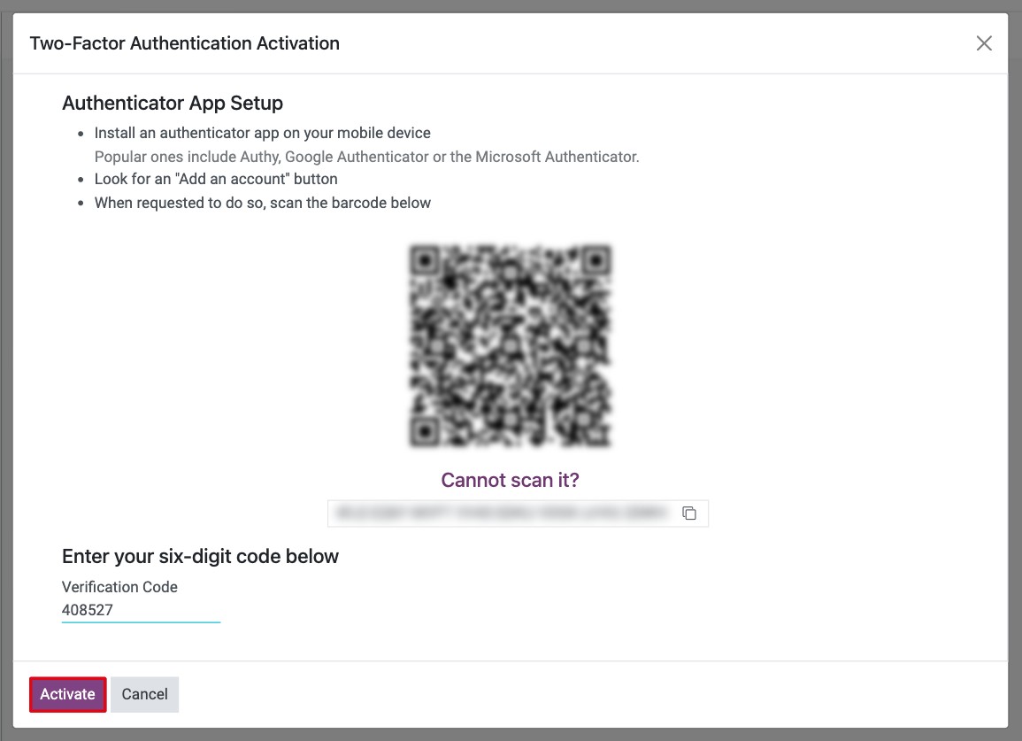 Six-digit code typed in the Verification Code field before clicking Activate