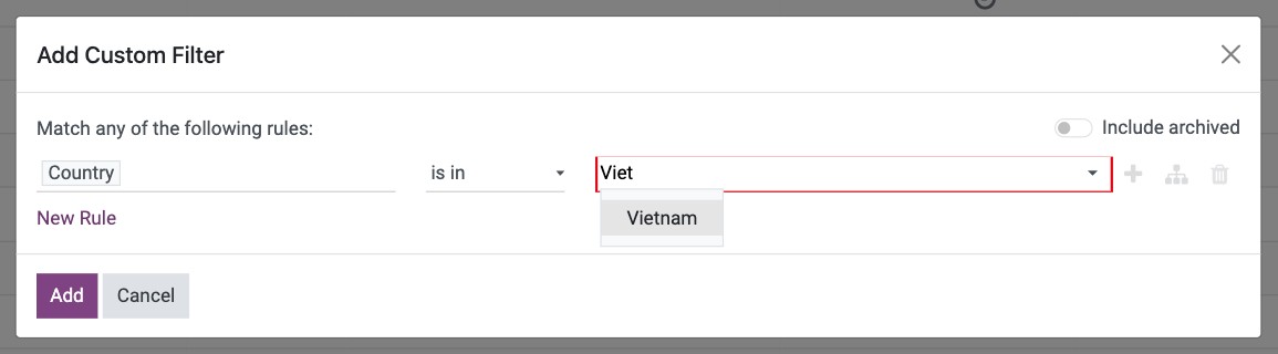 Add Custom Filter window with a field, an operator and a value