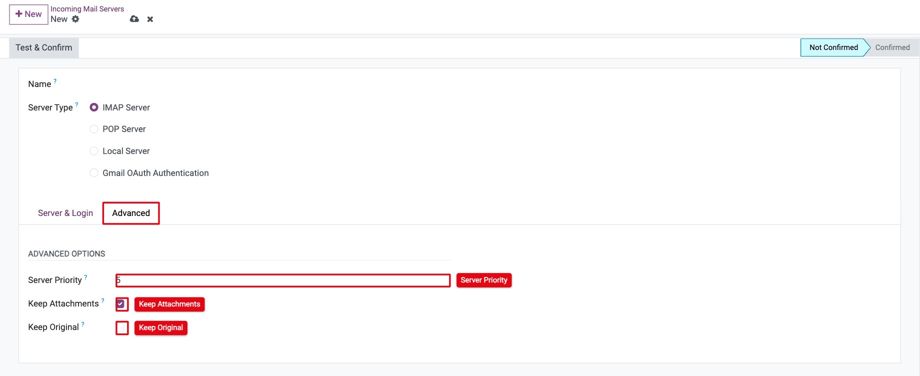 Advanced tab with server priority, keep attachments and keep original