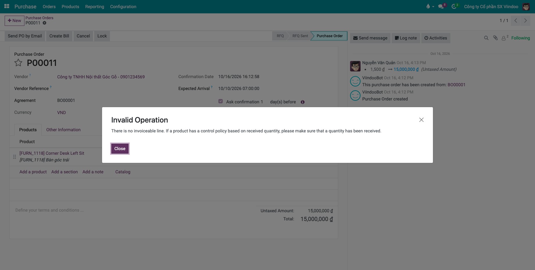 Invalid Operation message There is no invoiceable line when nothing has been received