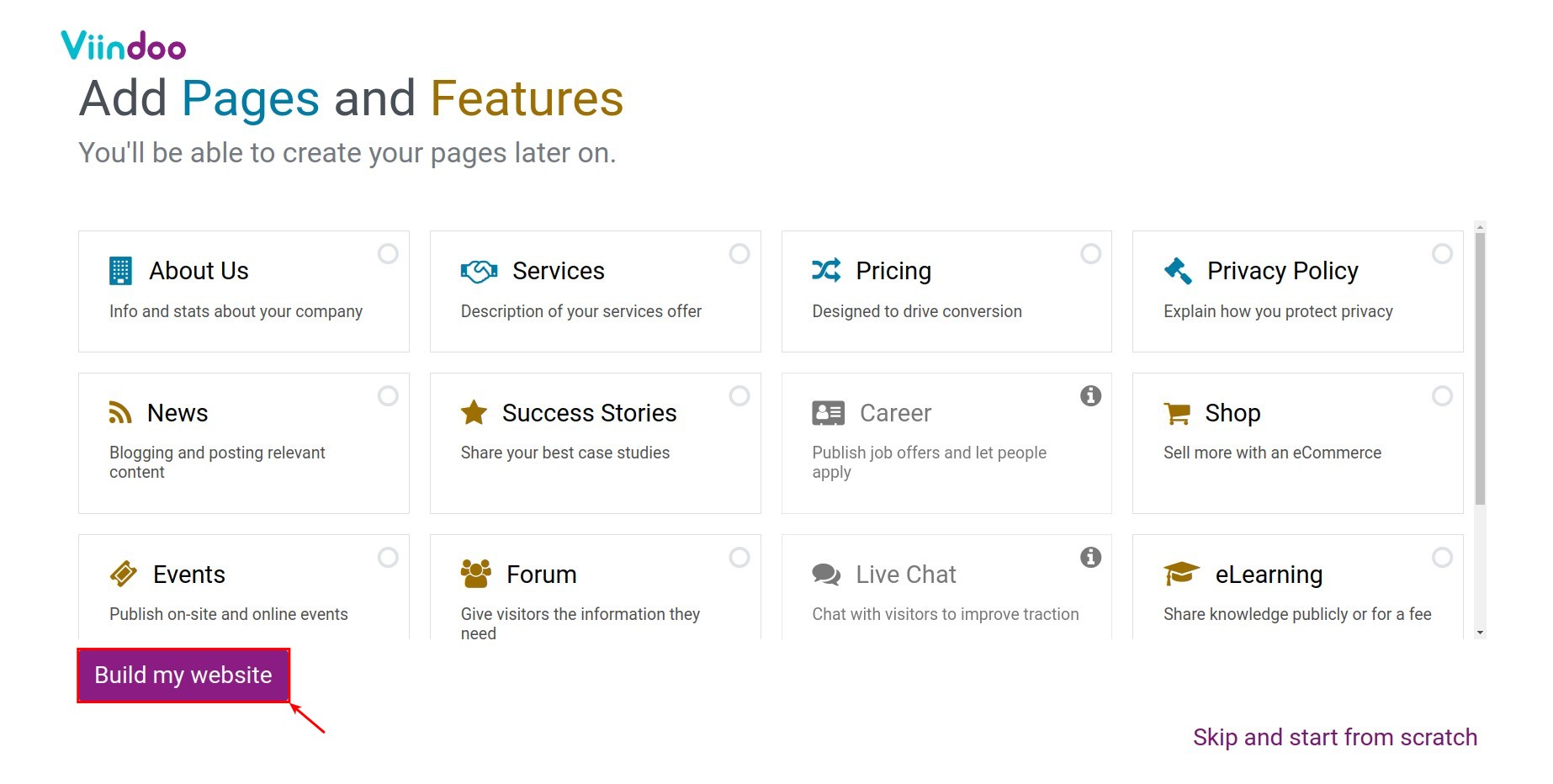 Add Pages and Features to website in Viindoo