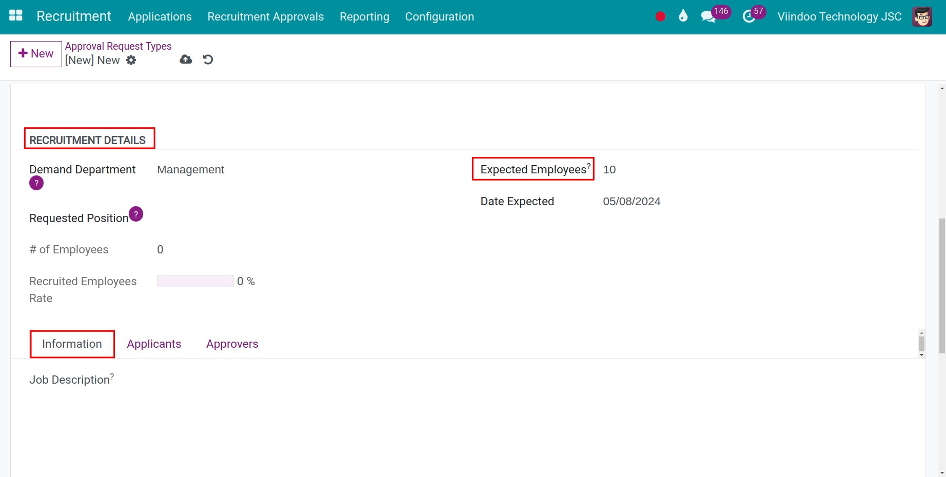 Recruitment request in Viindoo