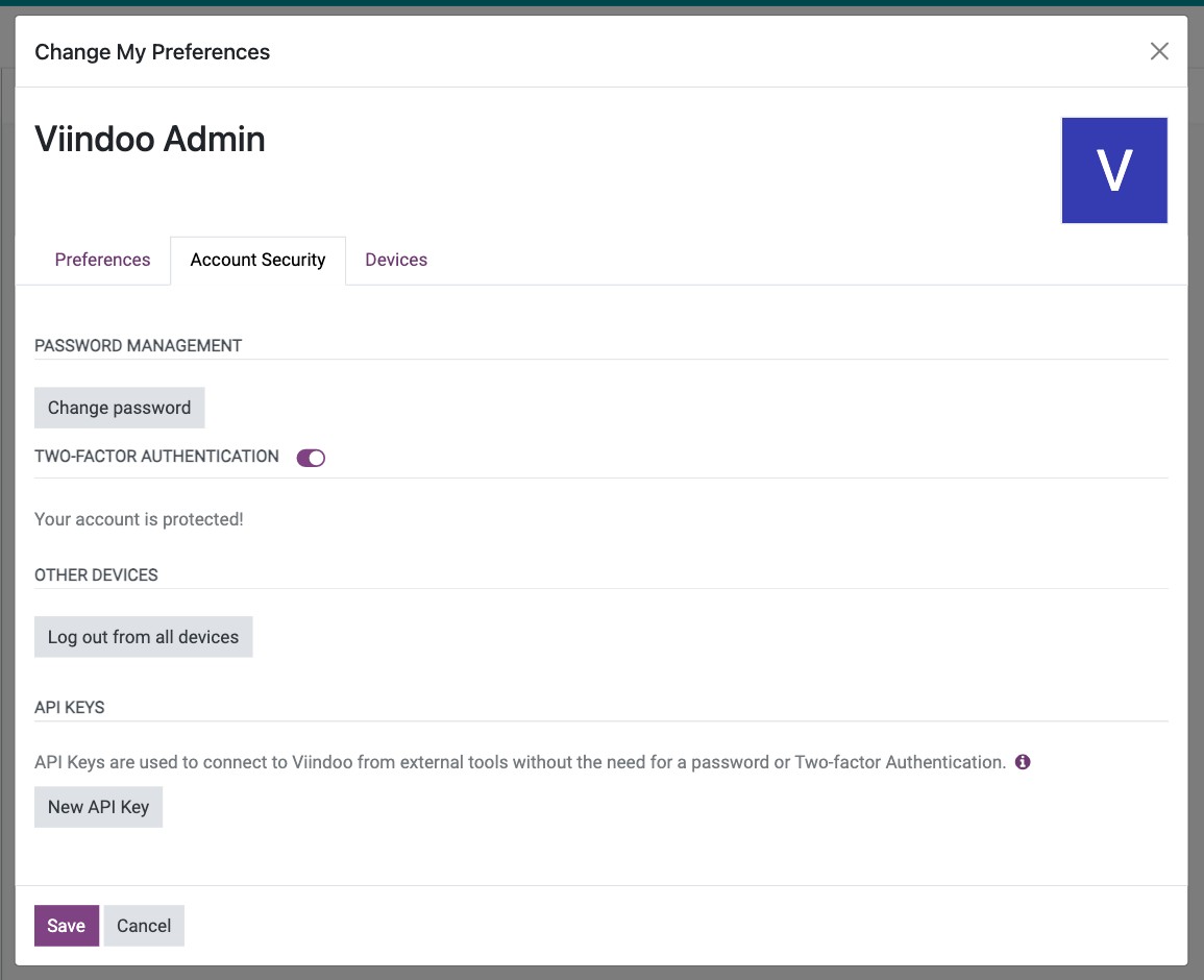 Account Security tab showing that two-factor authentication is on