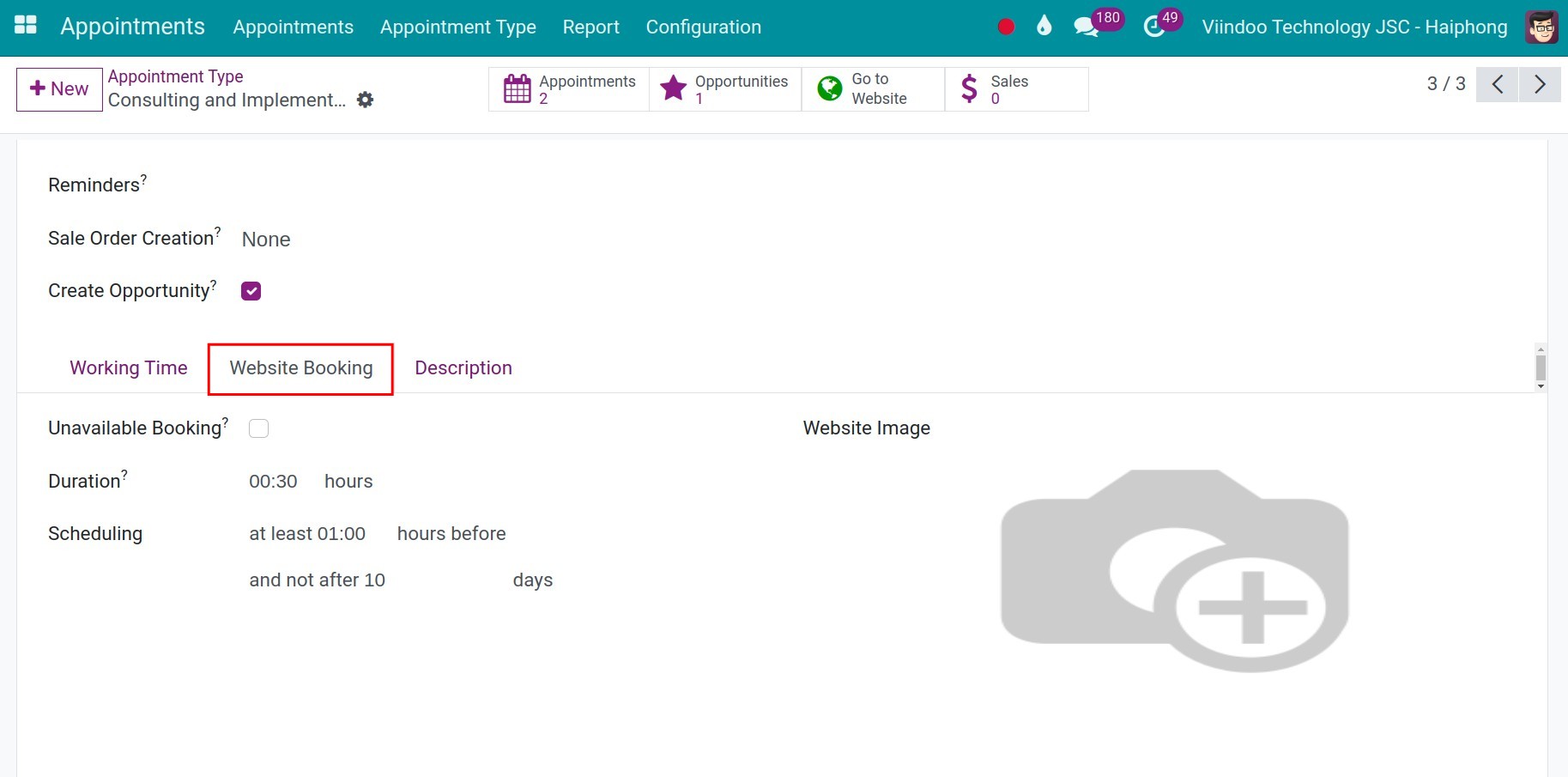 Website Booking tab.