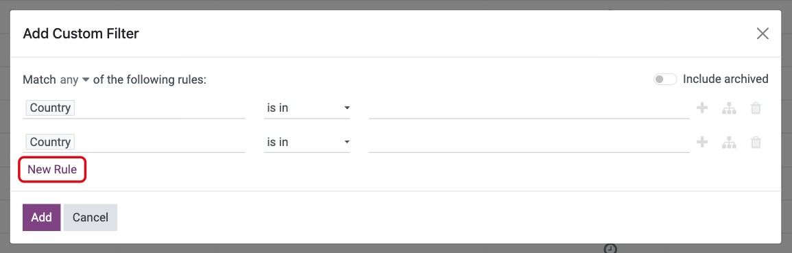 Two rules in the Add Custom Filter window