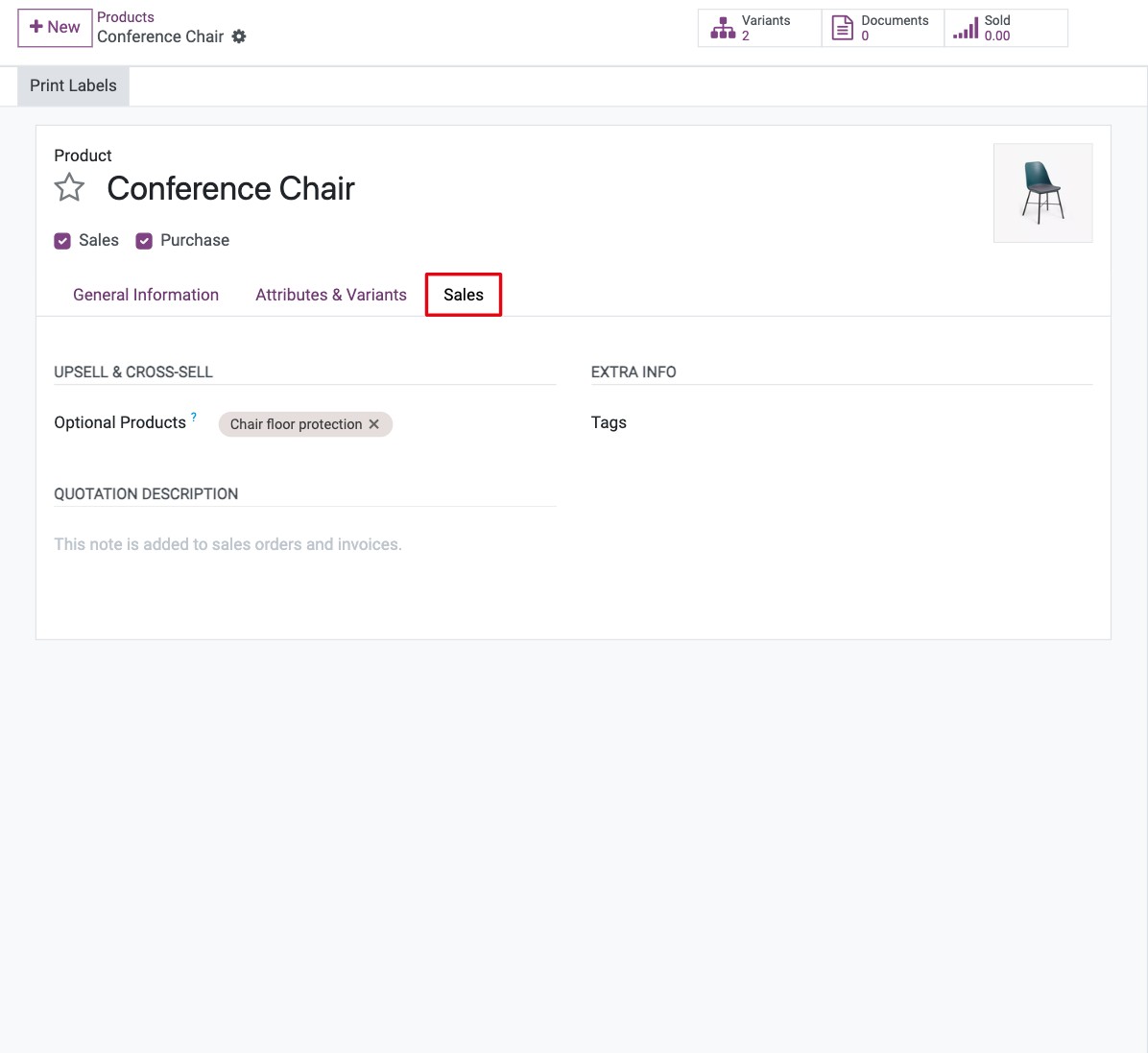 Sales tab of a product with tags and the quotation description