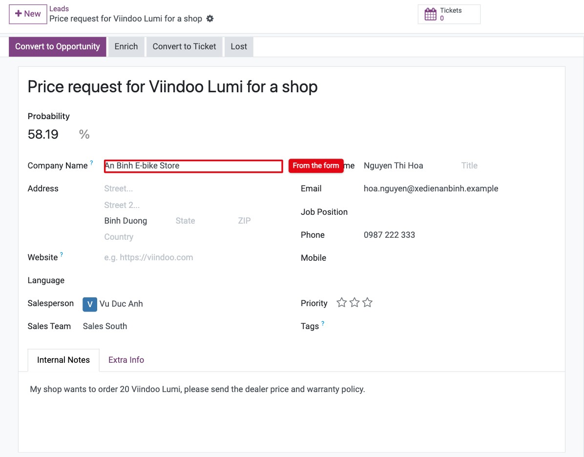 Lead created from the website contact form, with the visitor's details