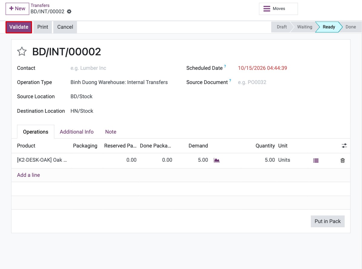 Validate button on an internal transfer in the Ready state with the reserved quantity
