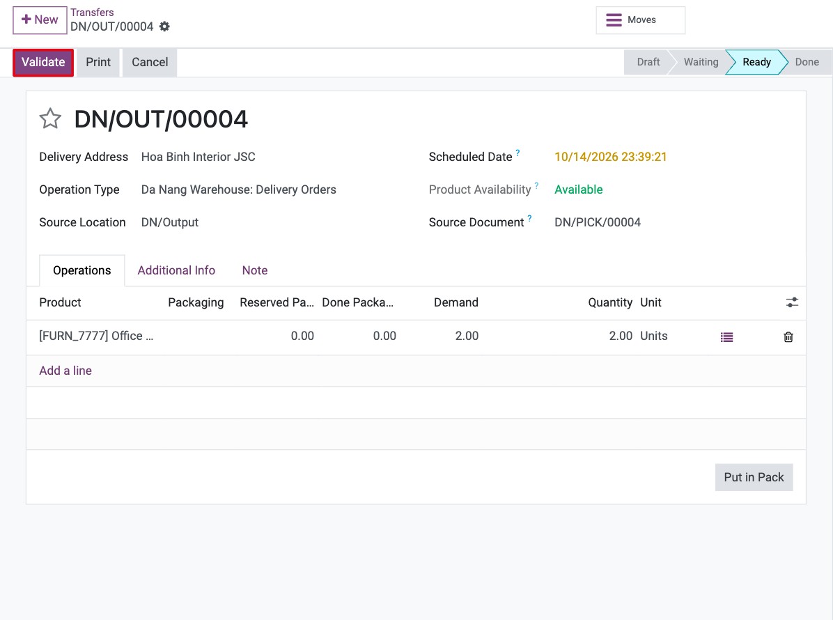 Validate button on the Delivery Orders transfer from the output location to the customer