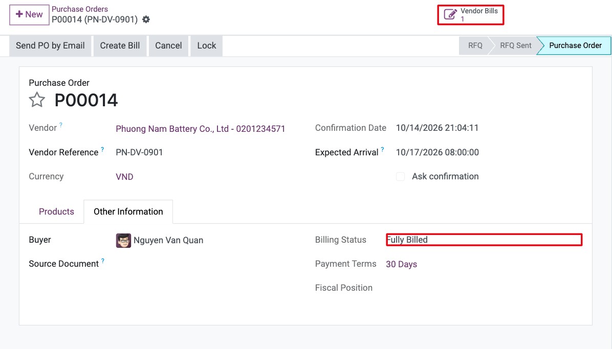 Billing Status Fully Billed on the Other Information tab and the Vendor Bills button
