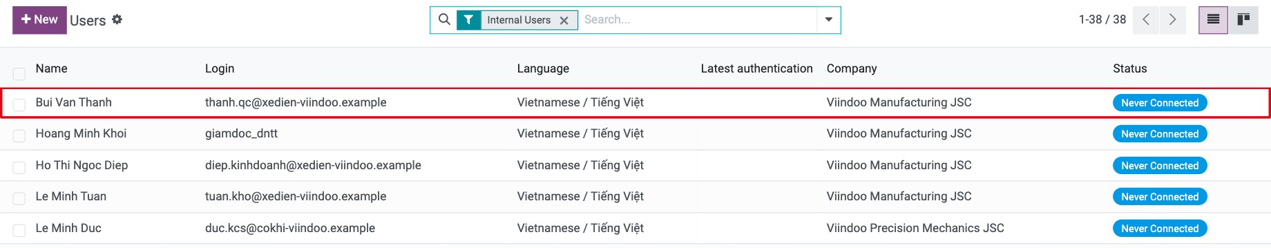 Users list in Viindoo Settings with the user to change selected