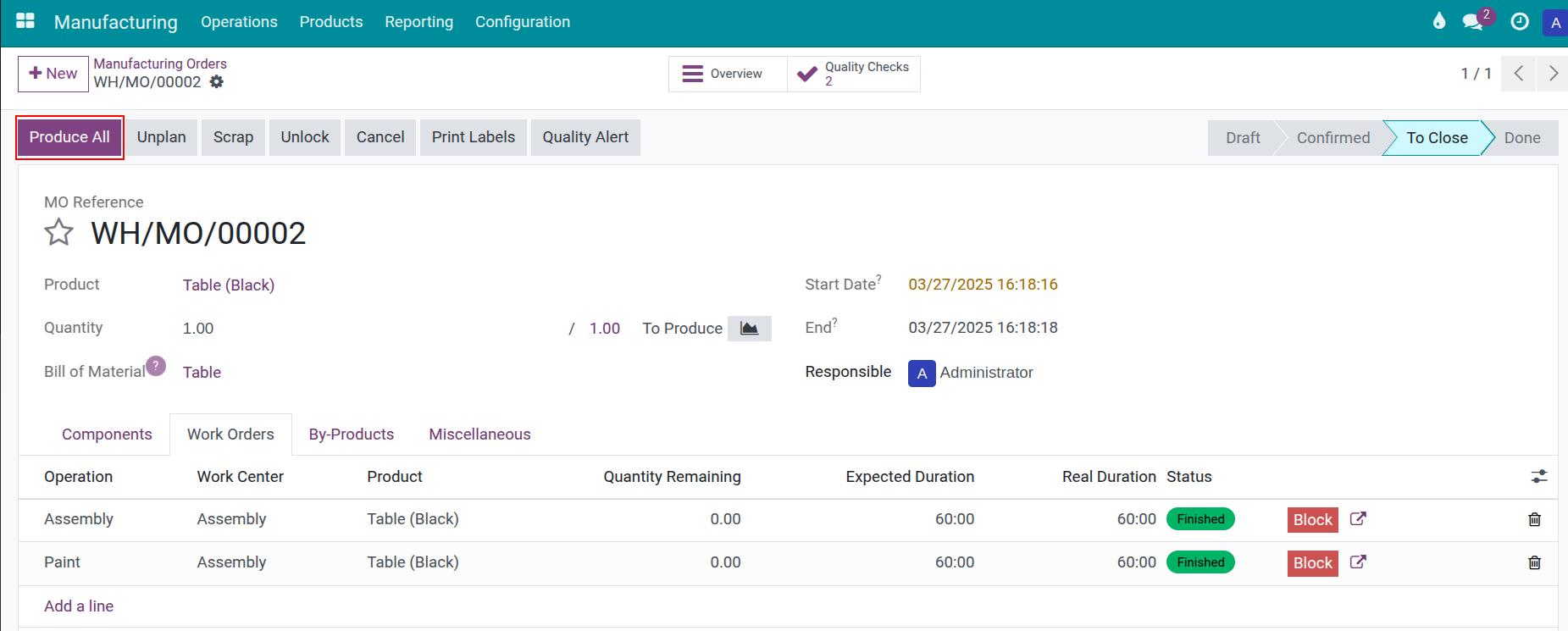 validate the manufaturing order