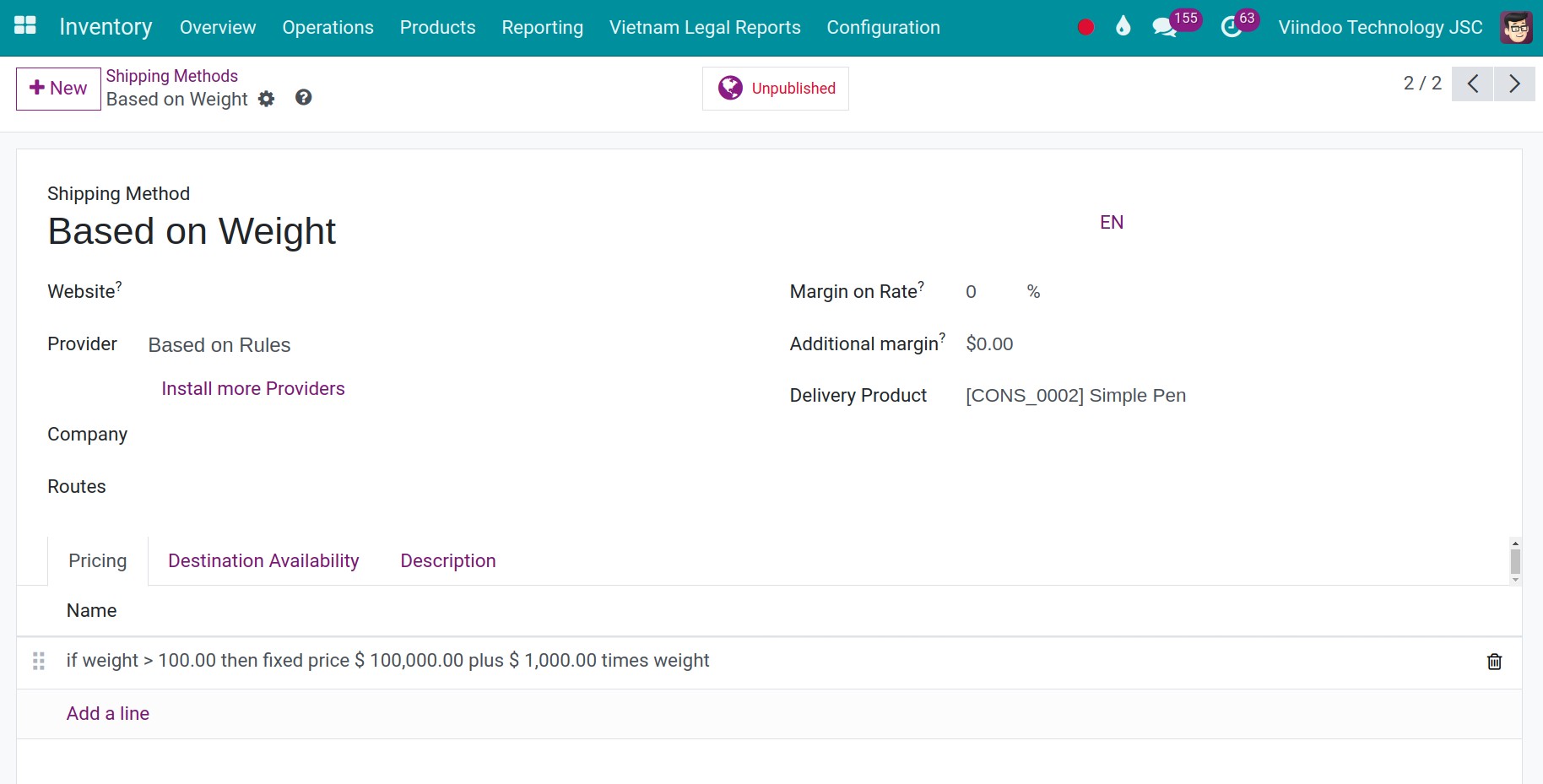 Delivery cost computed from the weight of a sales order
