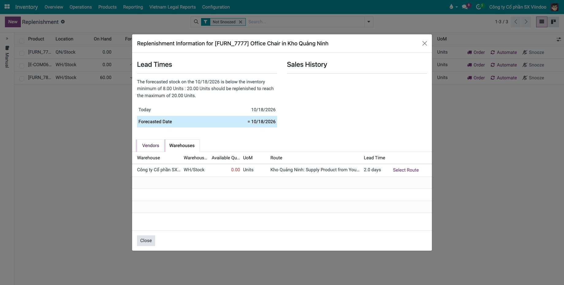Replenishment Information window with the lead times and the warehouses tab