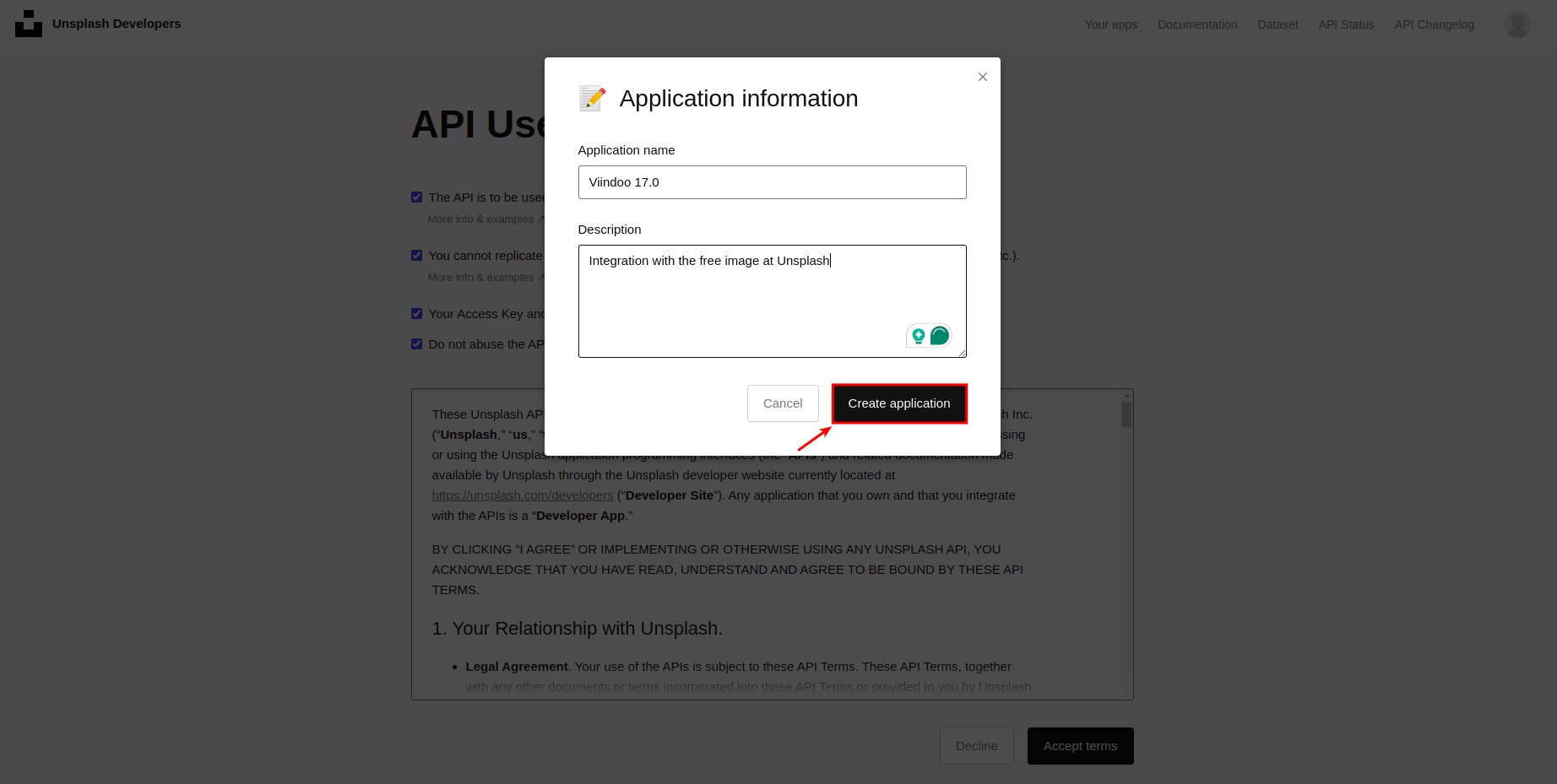 Create new application in Unsplash