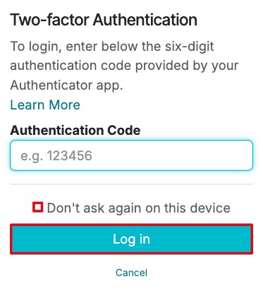 Two-factor Authentication sign-in screen with the Authentication Code field
