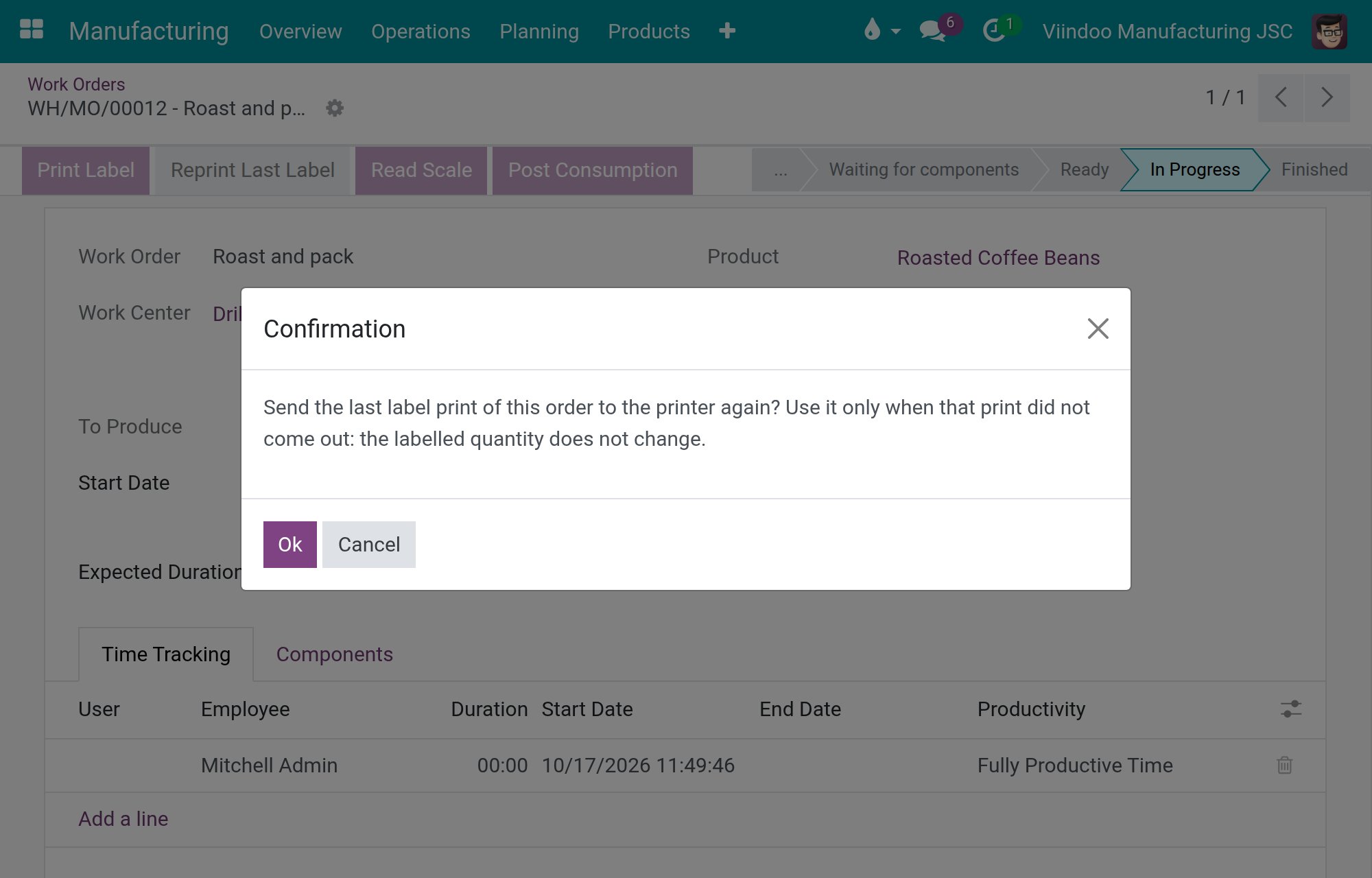 The confirmation asking whether to send the last label print to the printer again.