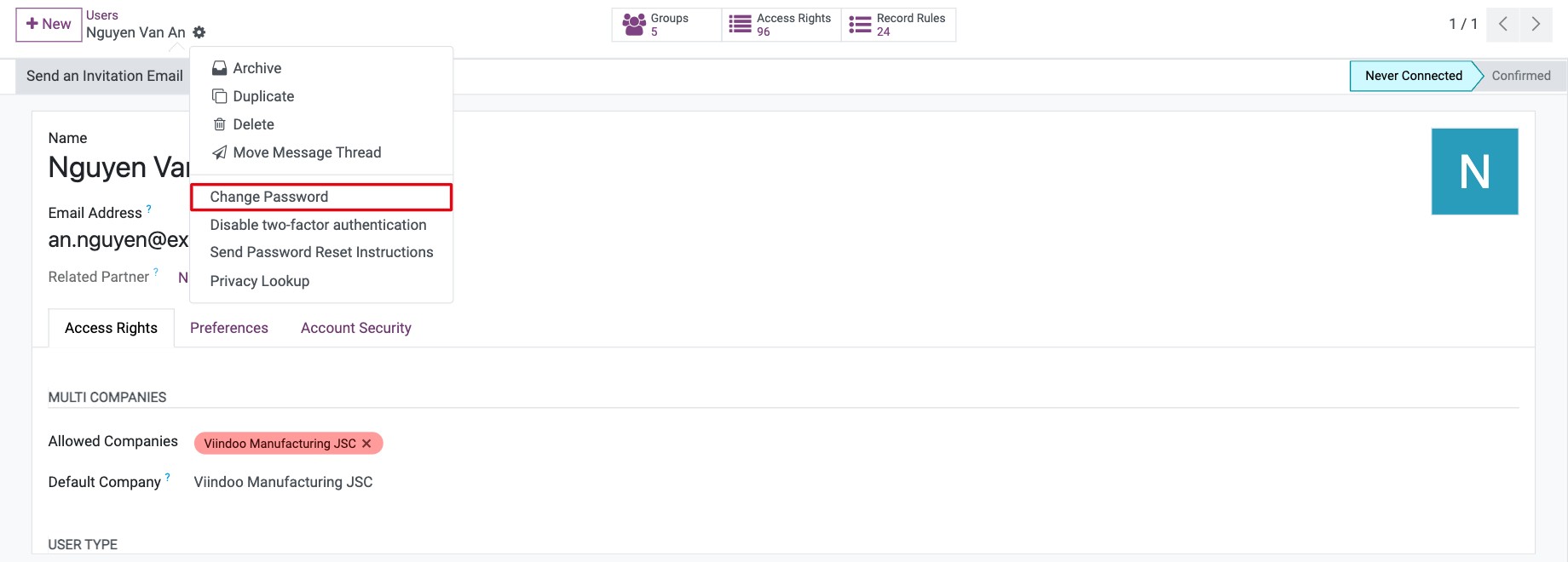 Change Password in the gear menu of the user form