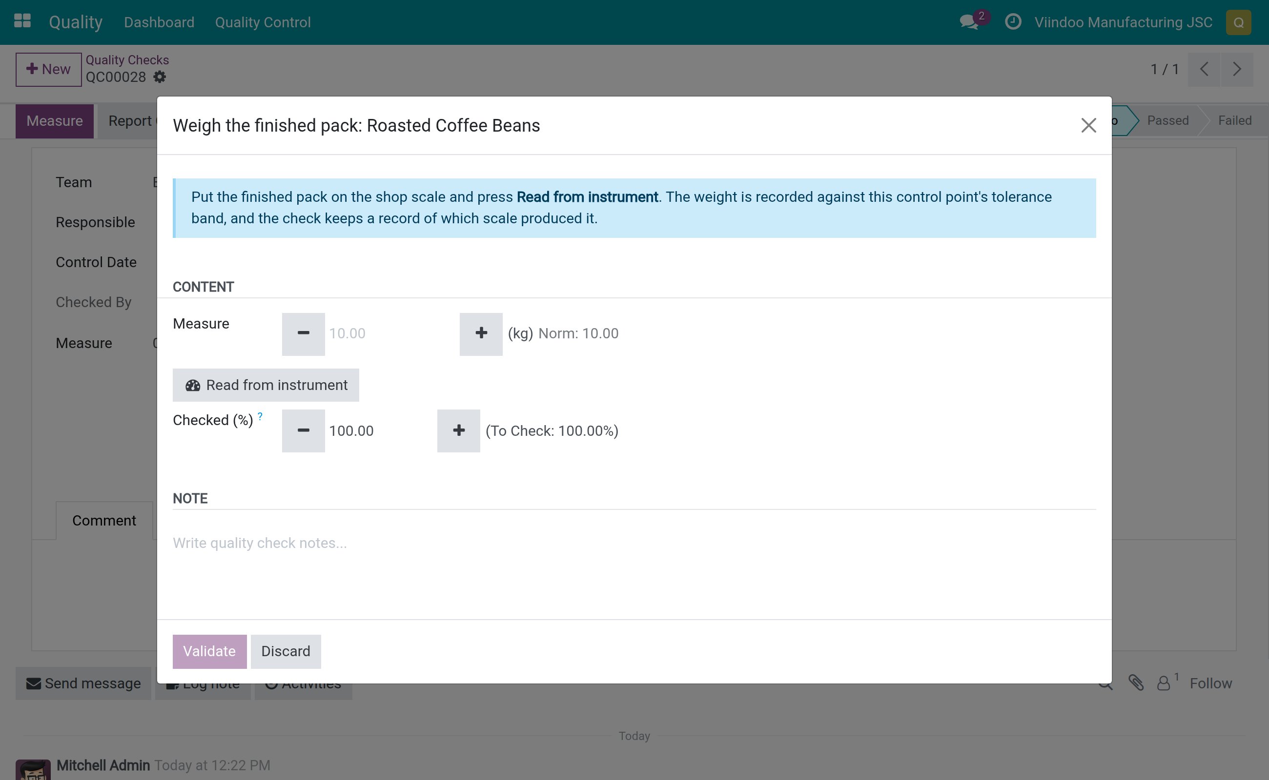 The Measure dialog of a work-order check before the scale is read
