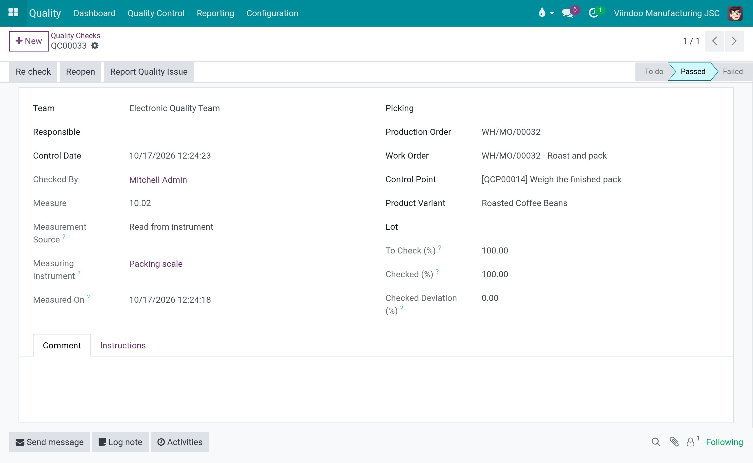 A passed check showing the Measure value, Measurement Source, Measuring Instrument and Measured On