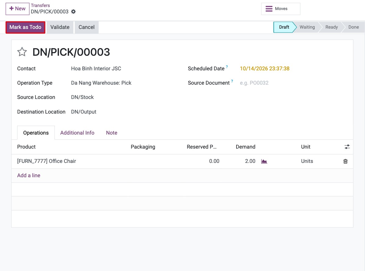 New Pick transfer with the customer, the Pick operation type and a product line