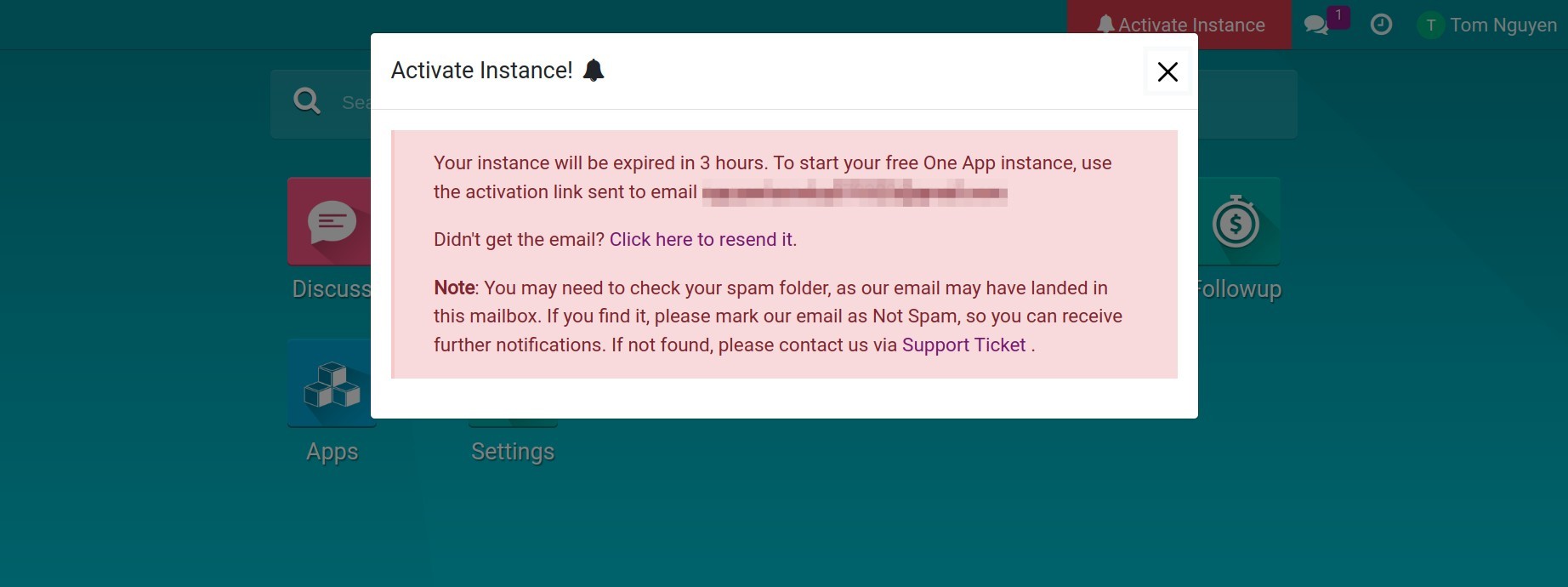 Message about activating the instance by email