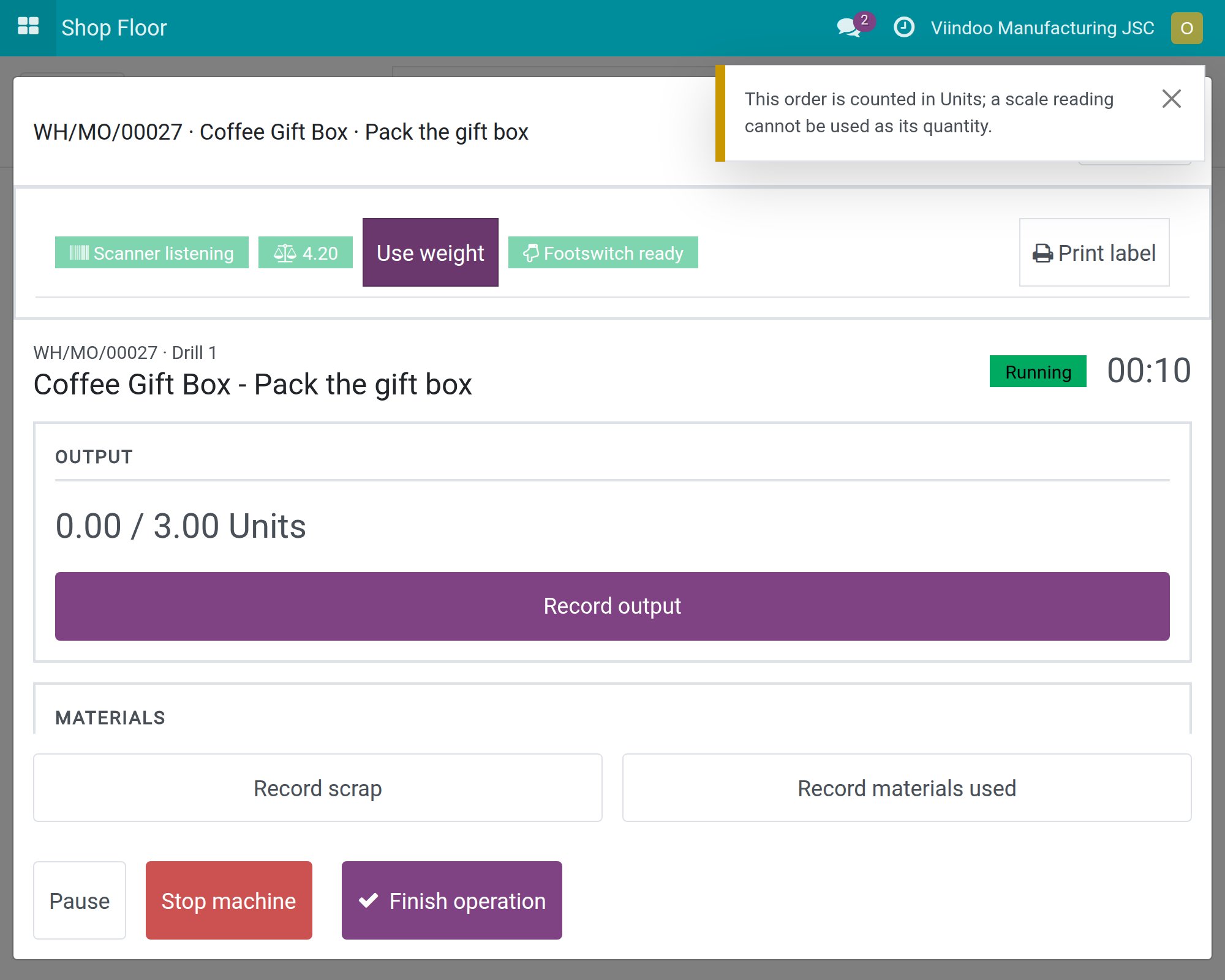 The message This order is counted in Units shown after Use weight on an order counted in Units.