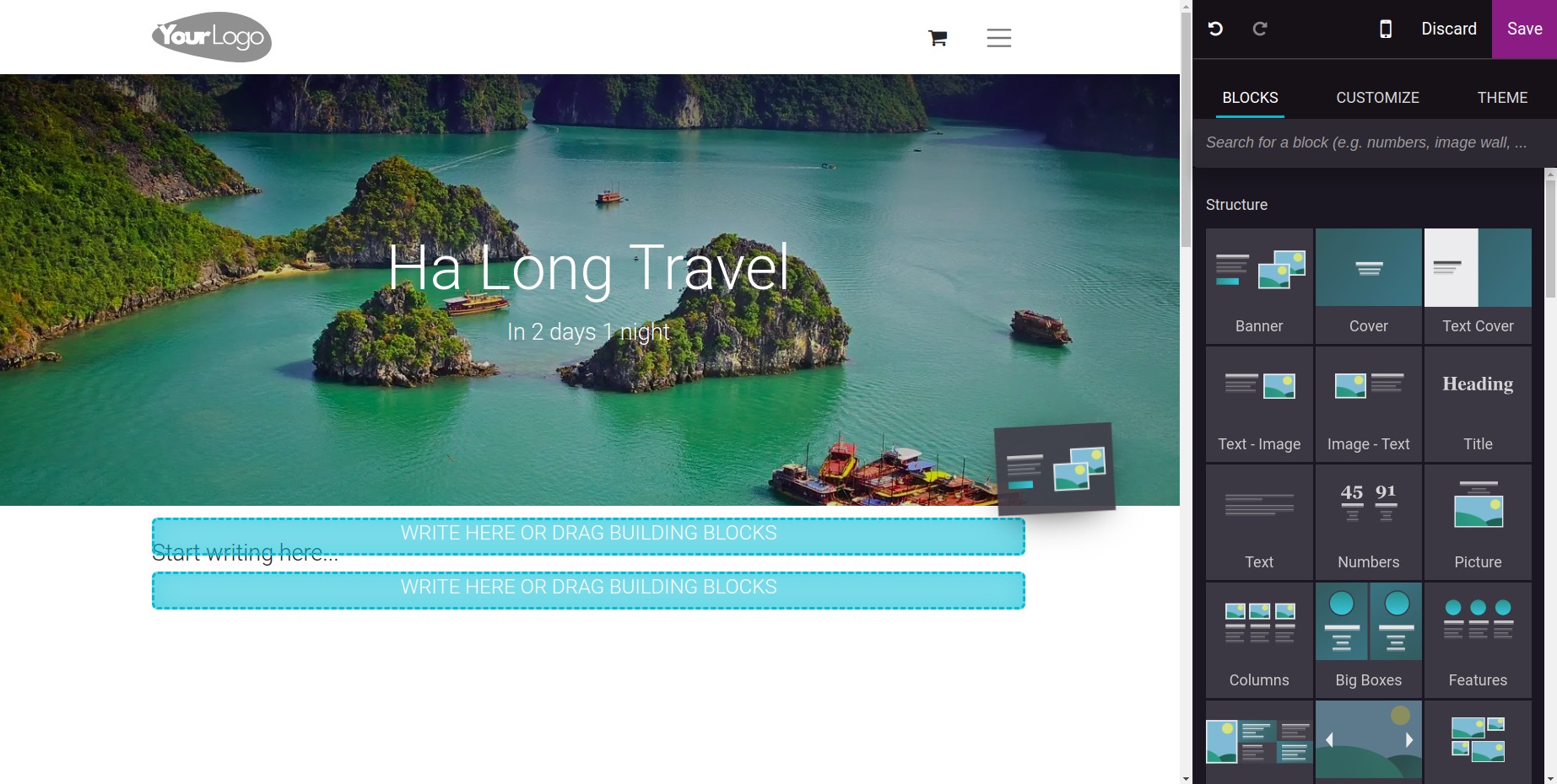 drag and drop content blocks to the blog post