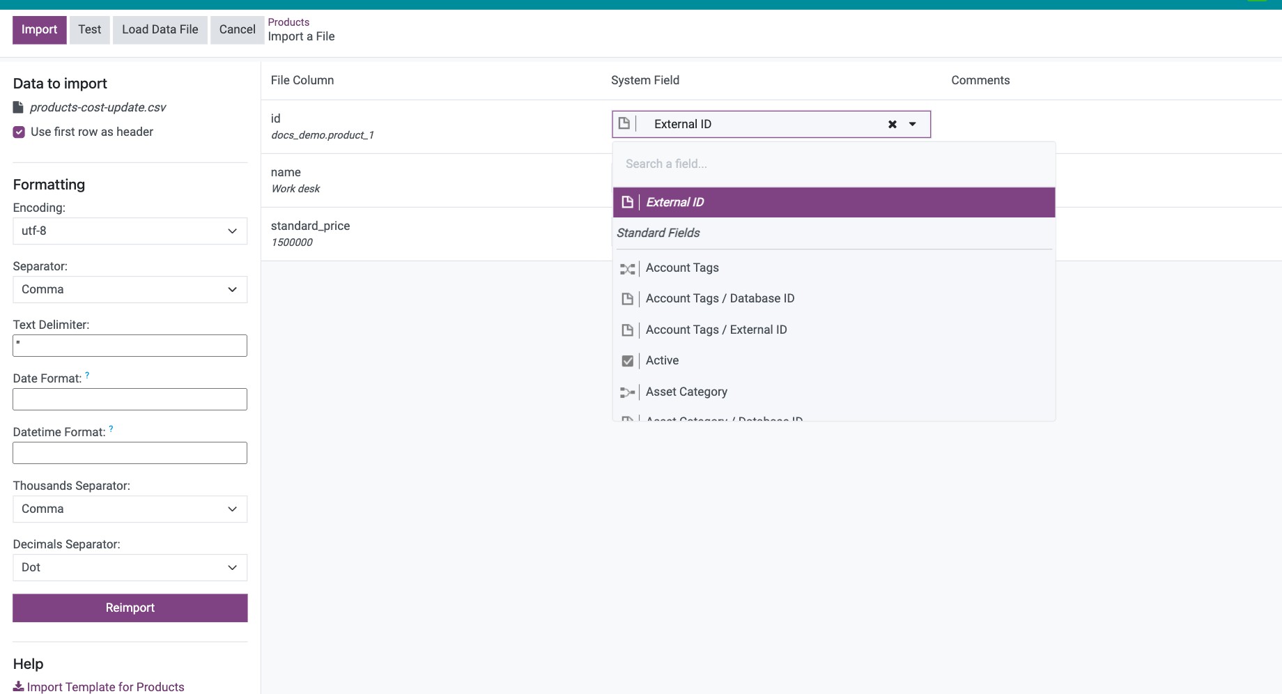 Import screen with only the External ID and Cost columns kept