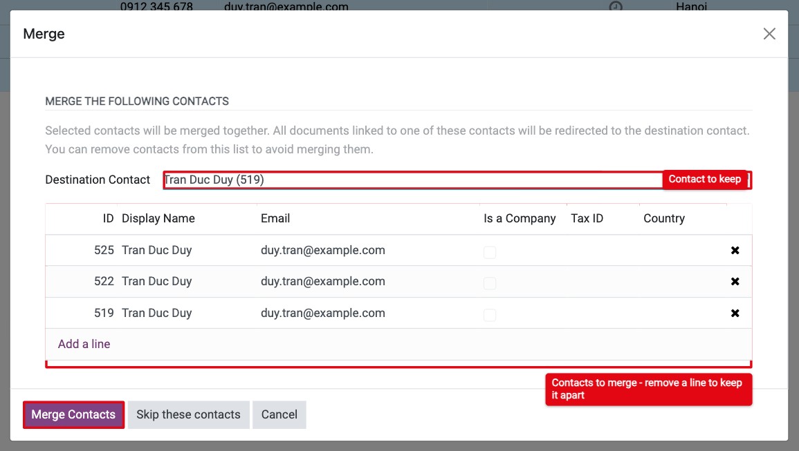 Merge window with the Destination Contact field and the list of contacts to merge