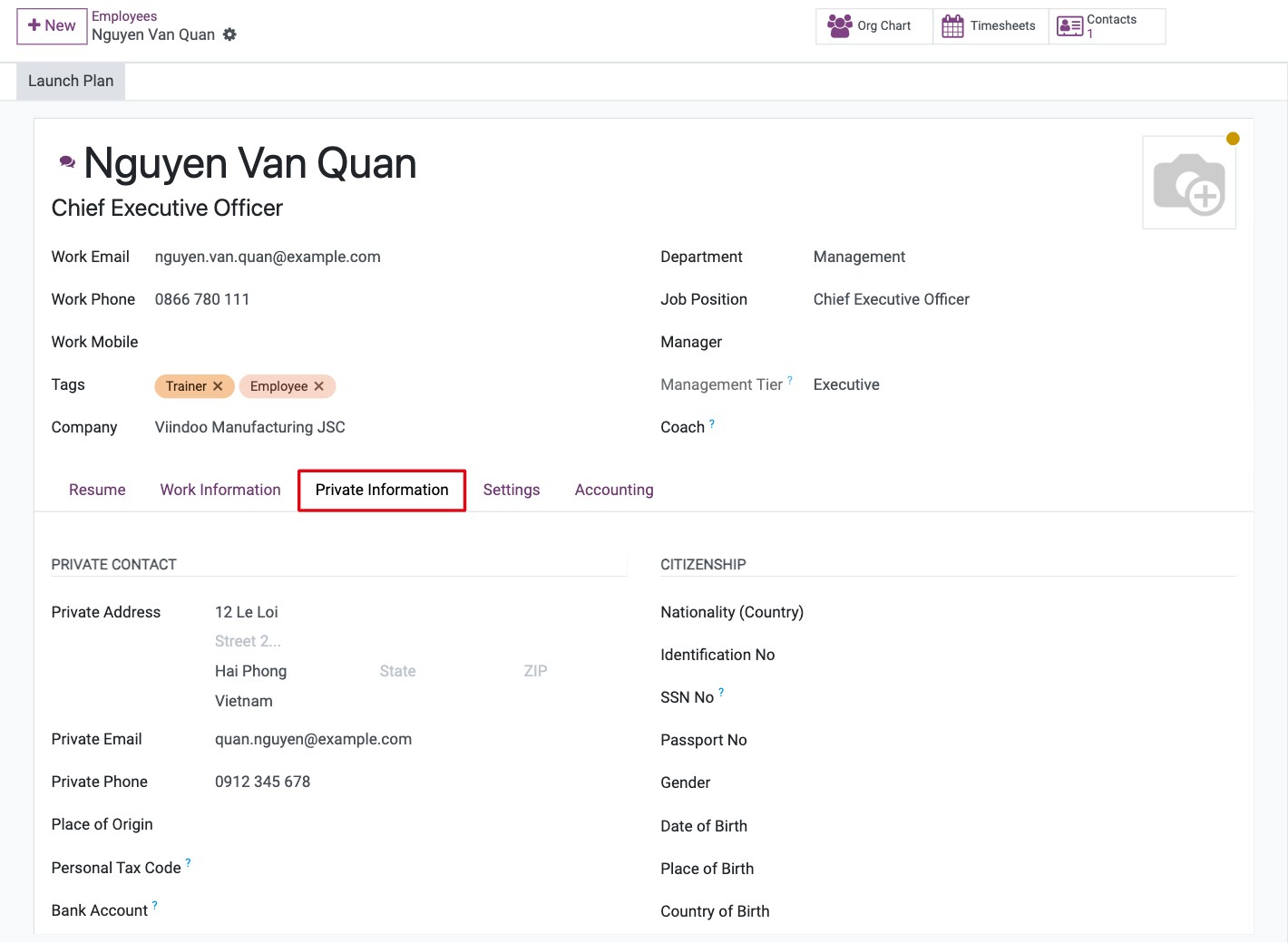 Private Information tab of an employee