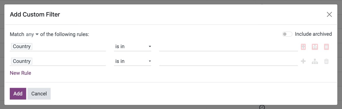 Add New Rule, Add branch and delete icons at the end of a rule